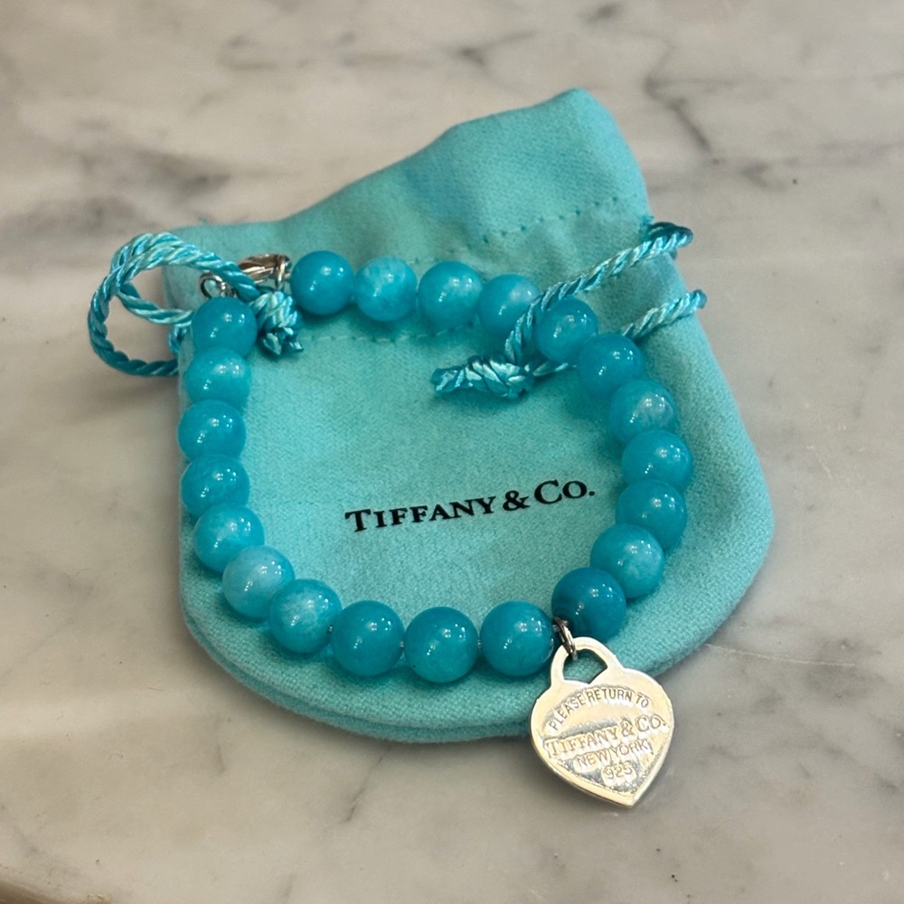 Tiffany & Co. .925 Amazonite Bead Silver Return to Tiffanys Heart Charm Bracelet - Picture 2 of 7